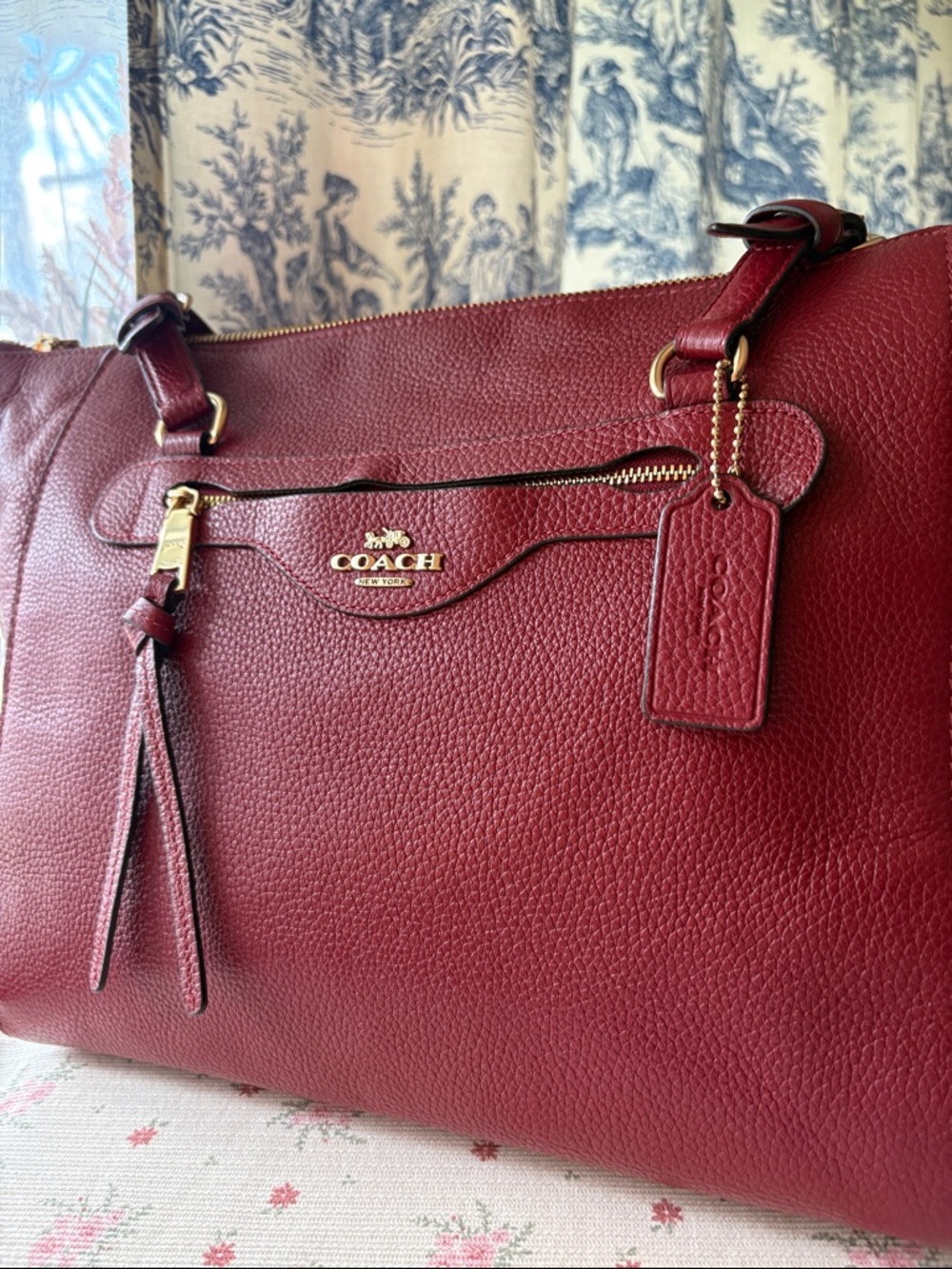 COACH Pebbled Leather Tote in Burgundy Red - Picture 2 of 12